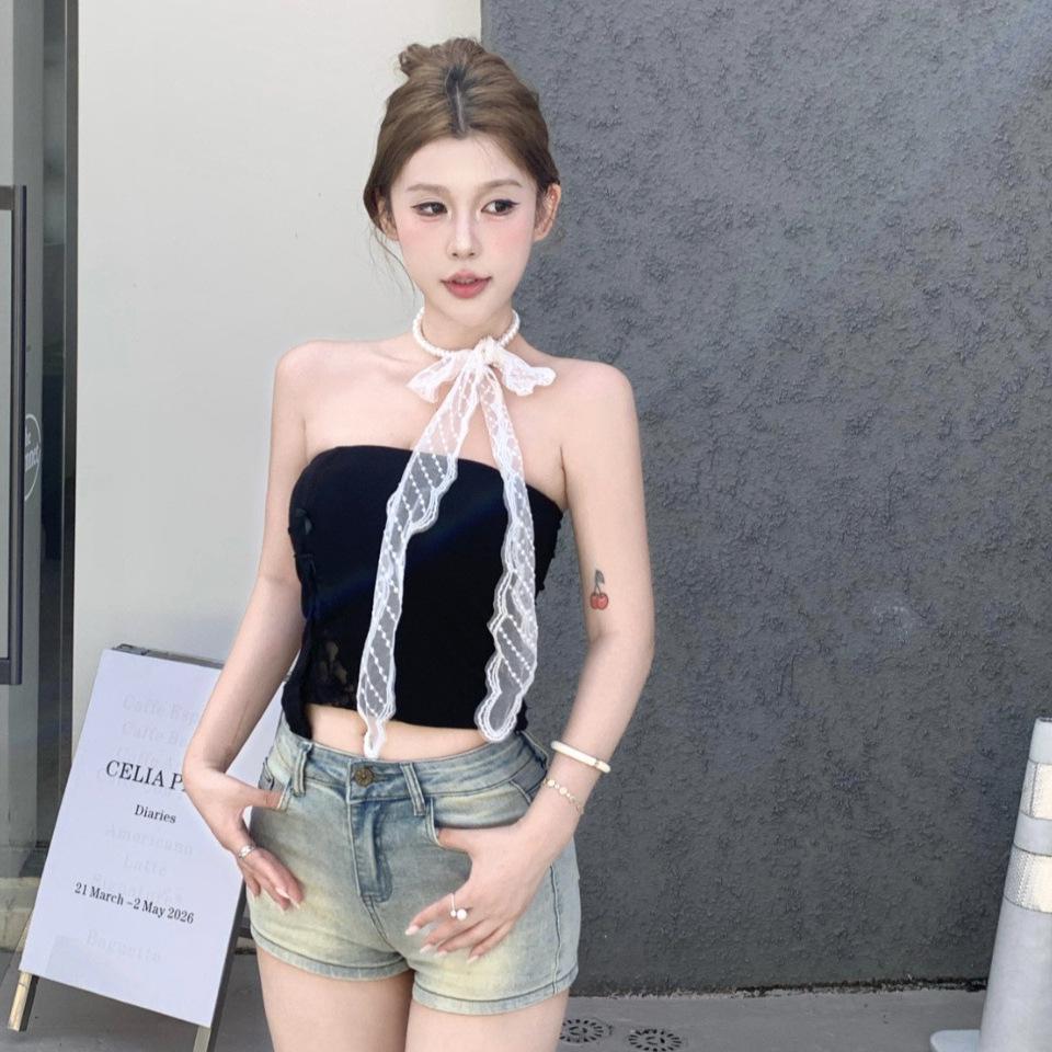 #Summer new Spice Girl wind lace necklace splicing tube top female slim fixed with chest pad top