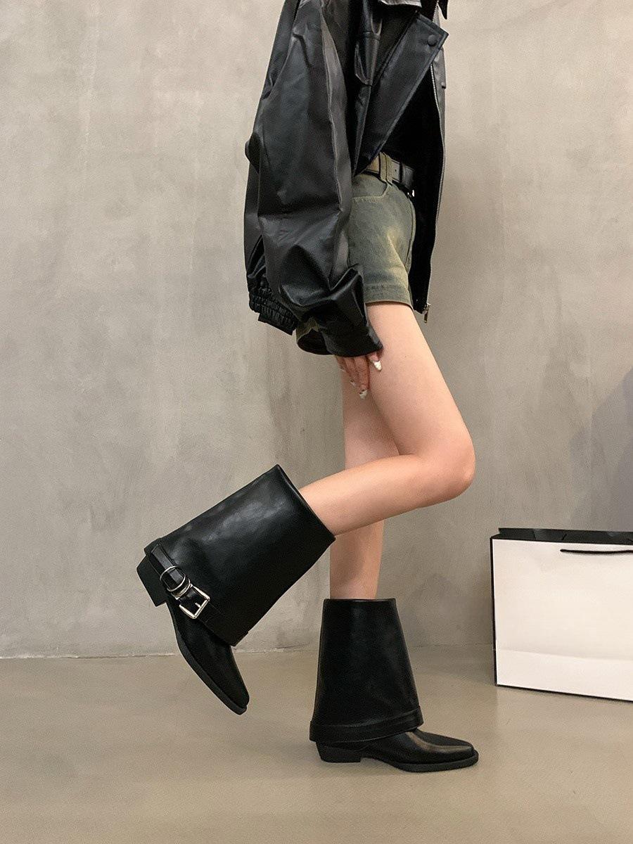 

Женские ботильоны до середины икры с острым носком, металлической пряжкой и блочным каблуком, из искусственной кожи, с резиновой подошвой, модные осенне-зимние ботинки 42 чёрный