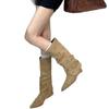 Autumn and Winter New Pointed But Knee Belt Buckle Heel Medium Heel Boots Low Heel Boots High Boots Brown Velvet