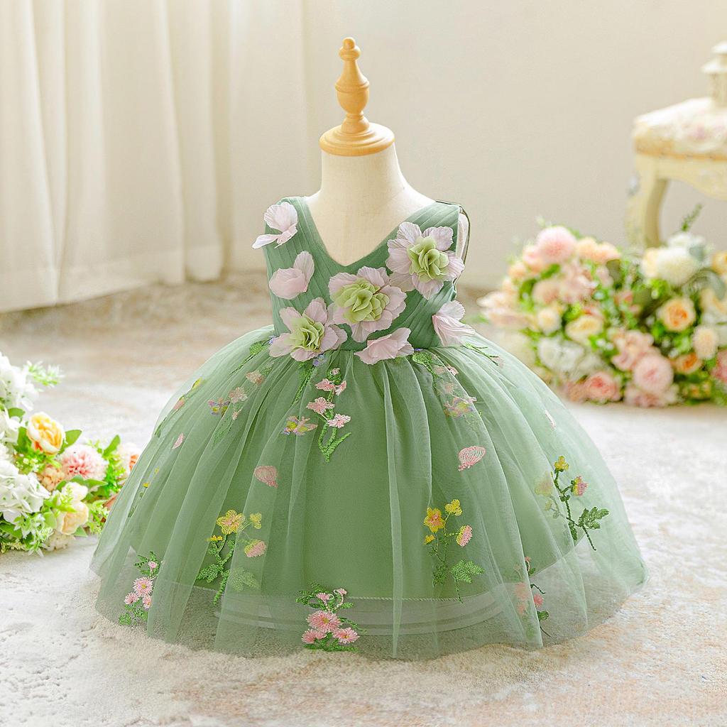 Avocado Green Applique Flower Girl Dress with Puffy Skirt