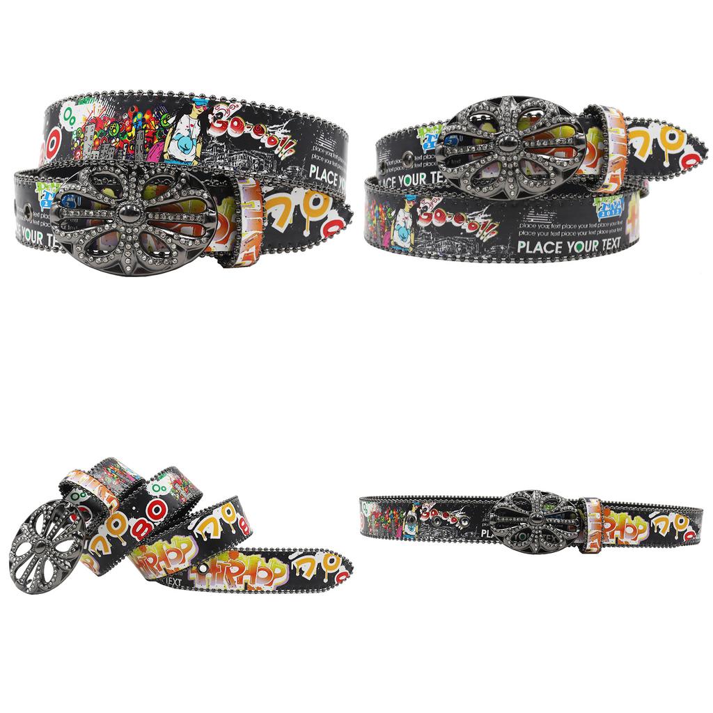Crow Rhinestone Buckle Head Hook Printing Graffiti Casual Personalized Belt Belt European and American Versatile