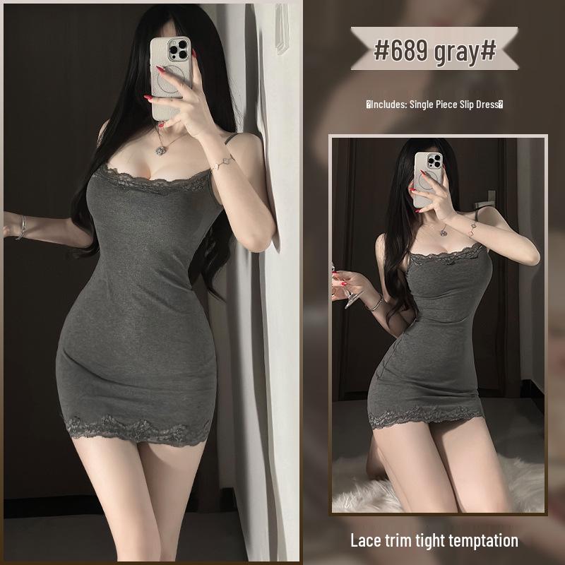 Xianyi Pure Desire Lace Splice Sexy Bodycon Sling Dress - Solid Color Sleepwear 689