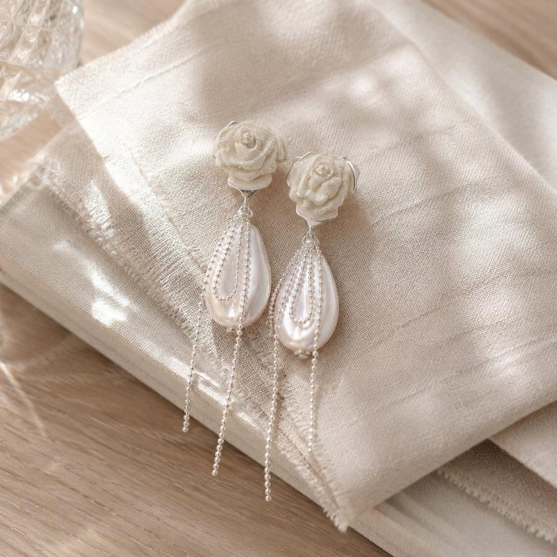 Women French Style Elegant Rose Flower Pearl Tassel Dangle Earrings