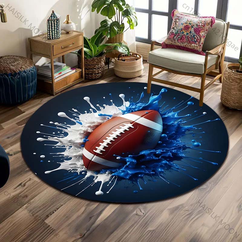 Multiple Sizes Football with Blue and White Liquid Print Round Carpet Living Room Bedroom Table Chair Sofa Decorative Carpet