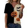 Women Casual V Neck Short Sleeve Button Front T Shirt Halloween Pumpkin Bat Print Split Design Top