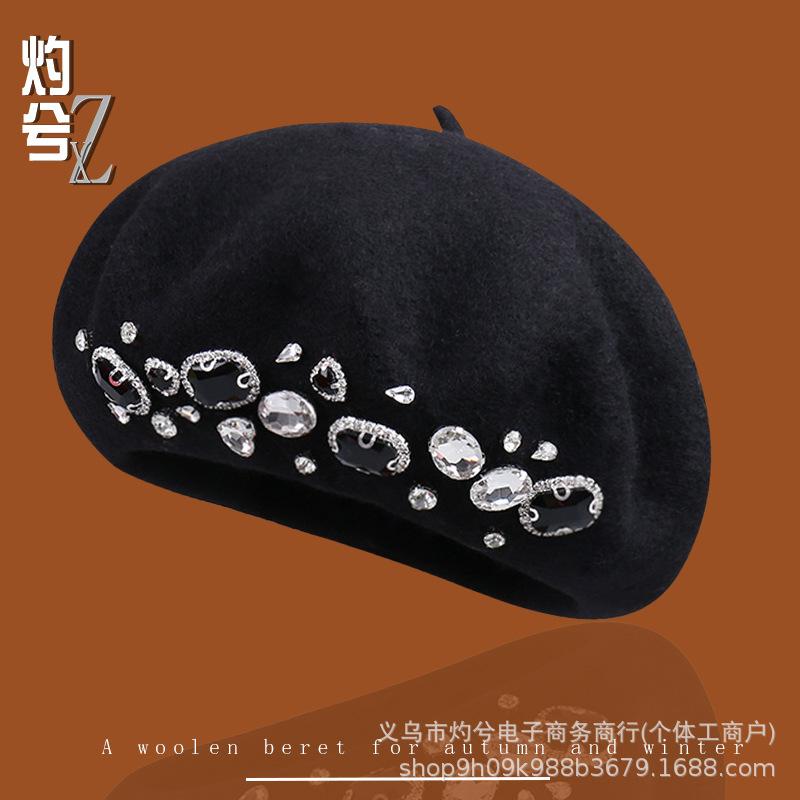 Autumn and Winter Literary and Artistic Solid Color Diamond-encrusted Fashion Wool Beret Women's Outdoor Shopping Versatile Face Small Painter Hat D