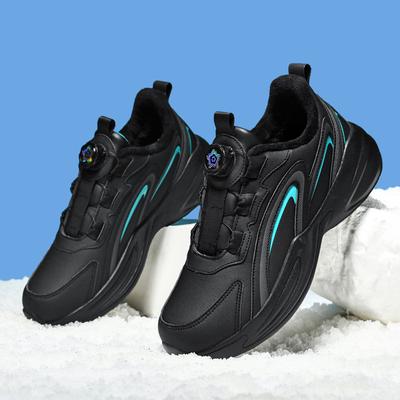 Autumn New Waterproof Leather Sneakers Men's Rotating Button-free Shoelaces Non-slip Large-size Youth Running Shoes
