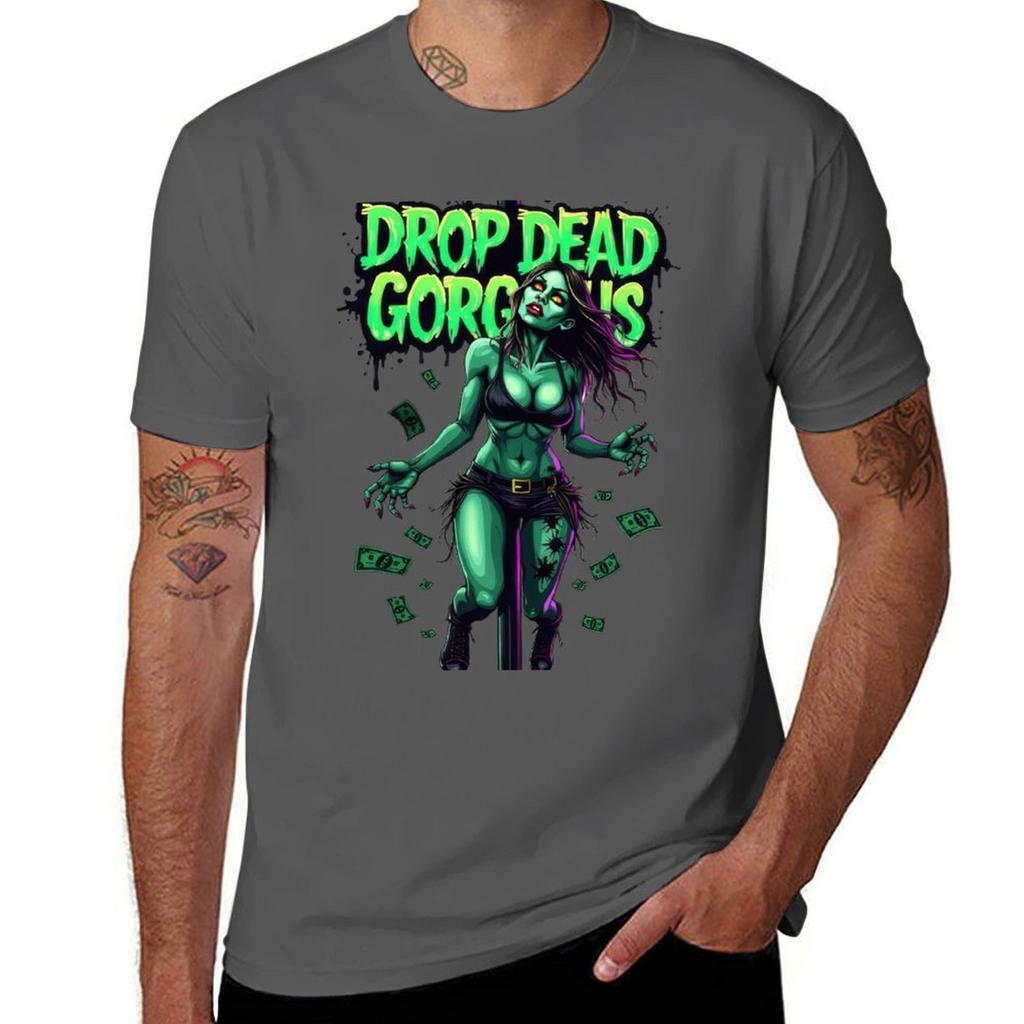 Drop Dead Gorgeous Zombie Neon Green Undead Beauty Horror Pinup Art Tshirt Plus Size Workout Short Sleeve Top Tshirt