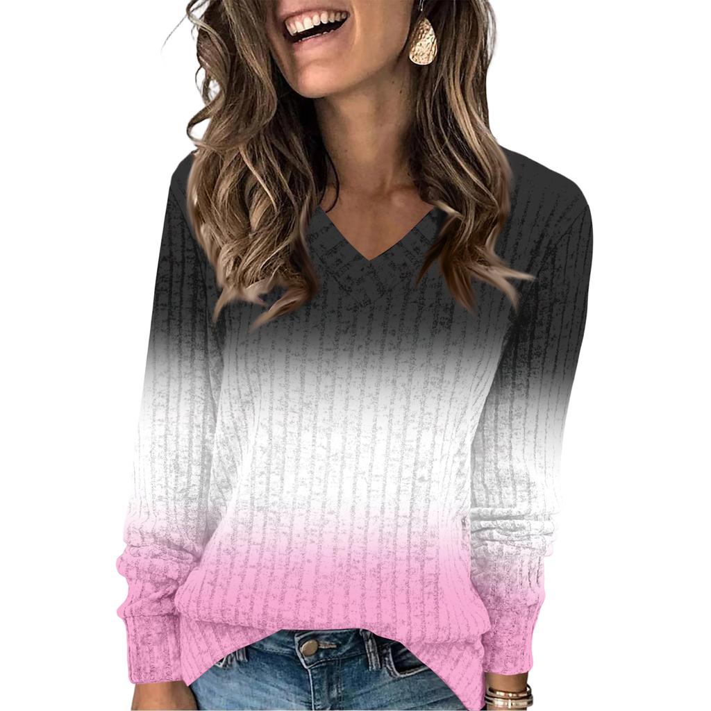 Women's Fashionable Oversized V-Neck T-Shirt With Gradient Print Long-Sleeved Pullover Top