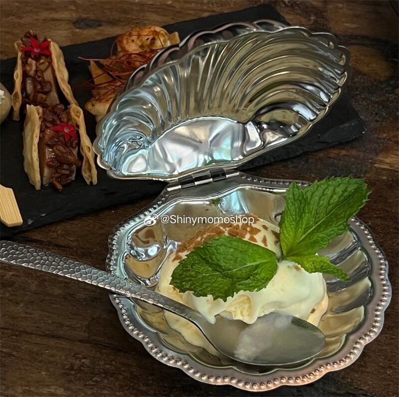 Luxurious French Retro 304 Stainless Steel Food Dish Plate Shell Box Jewelry Peal Storage Bag Desk Decoration