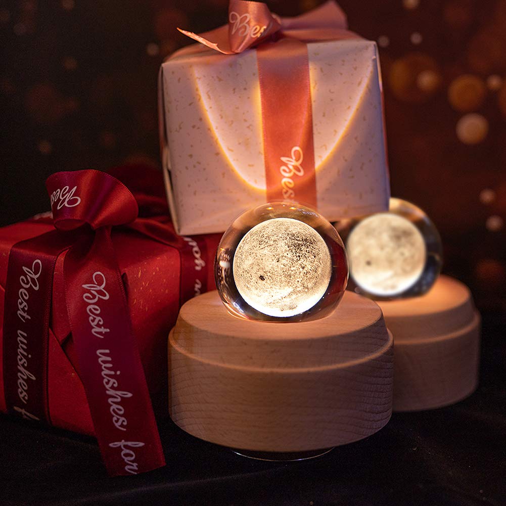 Mozalida Music Box Perfect As a Birthday Christmas Snow Globe Day Moon or for Features Ambient Bedside LED USB Projection Stylish Wooden Handmade