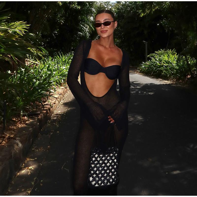 Sommarstickad Utskuren Lång Klänning Rygglös Genomskinlig Lång Flare Ärm Semester Strand Maxi Klänningar 2025 Ny Dam Slim Cover Up