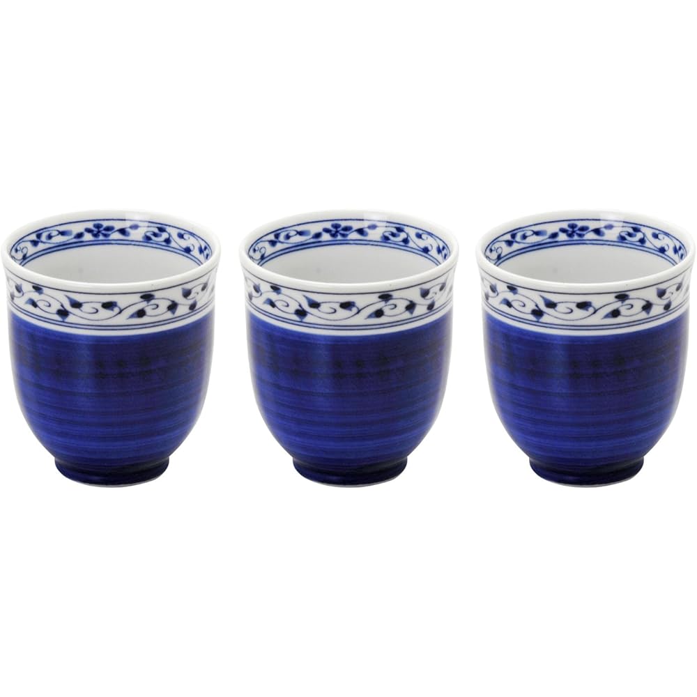 Mino Ware Set of 3 Tea Cups Blue Floral Design 200ml Microwave Dishwasher Safe Ceramic Japan