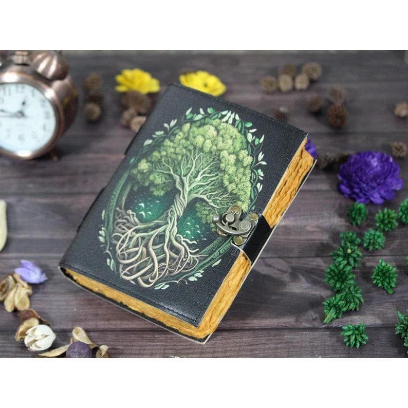 Tree of Life Leather Journal: Handmade Deckle Edge Grimoire with Vintage Lock