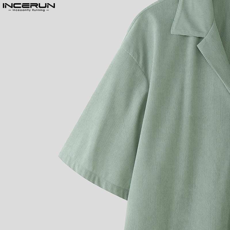 INCERUN 2PCS Men Lapel Neck Corduroy Short Sleeve Shirt Long Straight Pants Sets Outfits