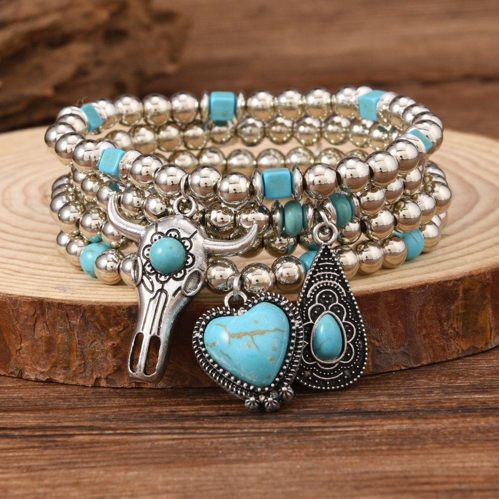 Türkis Schmuck, Damen Armbänder, Böhmische Türkis Retro Perlenarmbänder, Gestapeltes Set Armbänder.