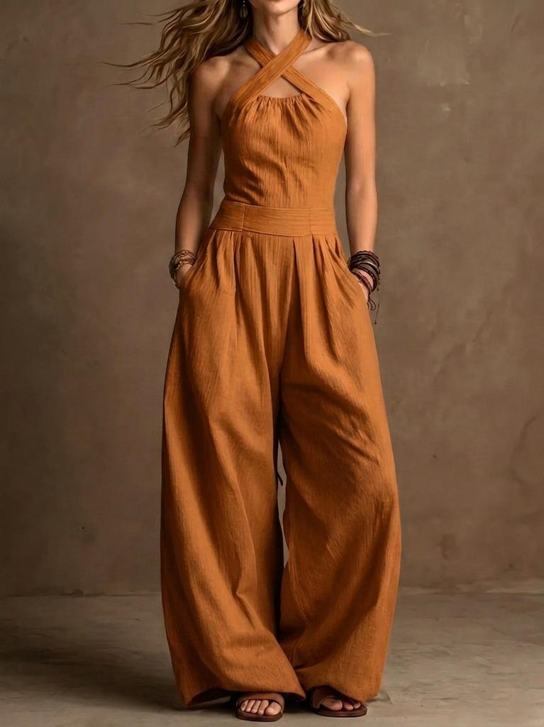 2026 summer new neck cross jumpsuit, European and American style waist back wide-leg pants, cross-border women's clothing