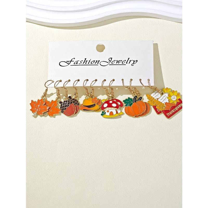 New Cross-Border Thanksgiving Creative Cute Drip Oil Pumpkin, Maple Leaf, Squirrel, Turkey, Mushroom, Hazelnut, Animal Ear Pendant Earring Set