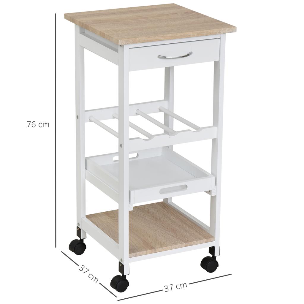 Kitchen Trolley, 4-Tier Serving Cart, Wheels, Drawer, Bottle Rack, 37 x 37 x 76 cm, White