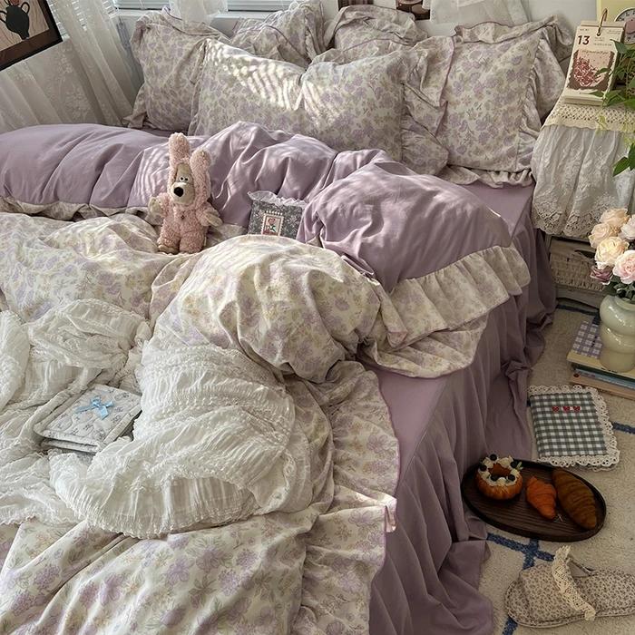 New Korean Princess Style Floral Ruffles Bedding Set Skin-Friendly Soft Duvet Cover Set Bed Sheet Or Bed Skirt Pillowcases