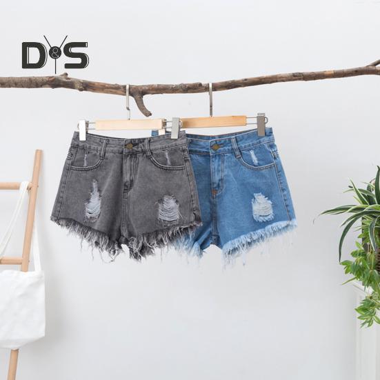 Women Denim Shorts Ripped Hole High Waist Button Zipper Closure Loose Fit A-line Plus Size Pockets Short Jeans Lady Dating Beach Shorts