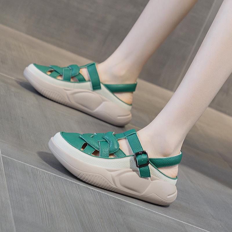 Women's 2025 Leather Flat Sandals - Soft Sole, Casual Style, Round Toe, Color Block for Beach & Pregnancy