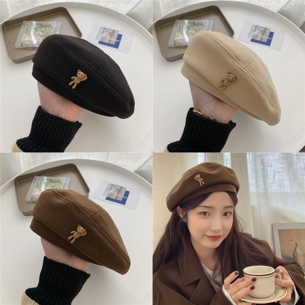 Wool Cozy Brown Beret Artist Hat For Winter Women Men With Cute Bear Design