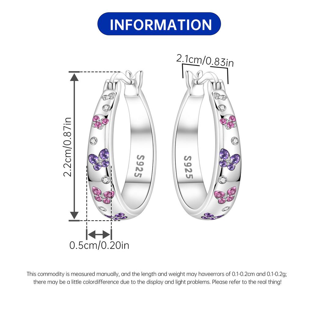 S925 Silver Pink Purple Butterfly Insect Earrings Hoop Earrings Women Jewelry Trendy Anniversary Gifts