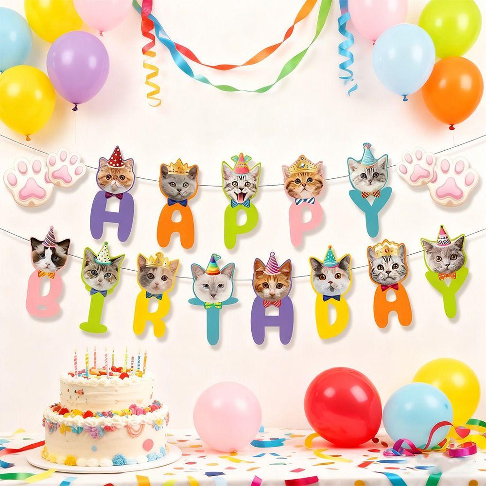 Animal Themed Pet Cat Party Banner Multicolor Cartoon Cat Cartoon Cat Garland Mixed Pattern Birthday Party Decoration Set