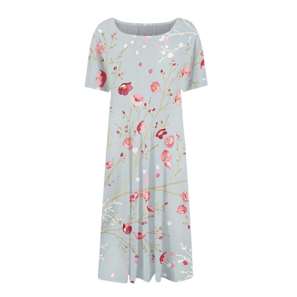 Abito Midi Casual da Donna alla Moda con Scollo Rotondo e Maniche Corte con Stampa Floreale