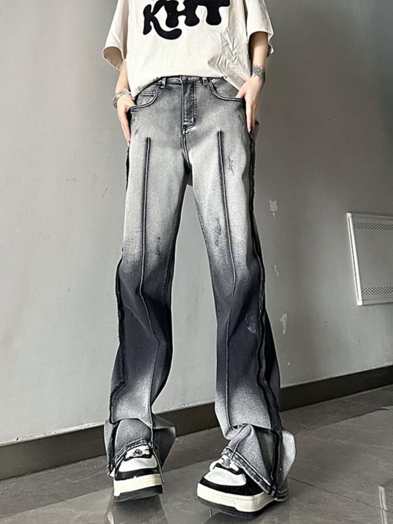 High street ro style dirty contrast color gradual change micro horn jeans men and women retro rough edge mopping wide leg pants