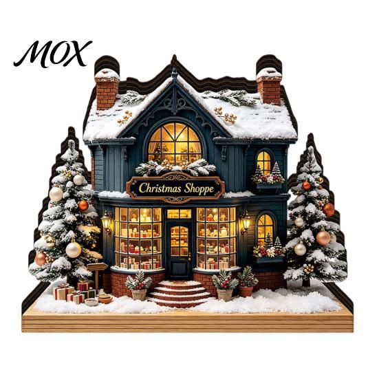 Wooden Festive Decorations Christmas Glowing House Ornament, LED Tabletop Decor for Hanging Holiday Village Display, Light Up Party Supplies Indoor