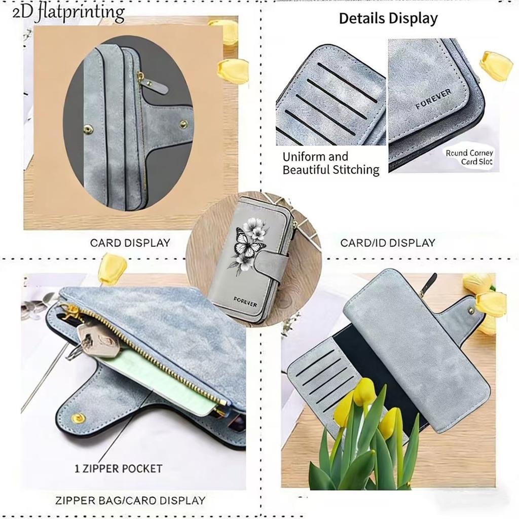 Butterfly Women's Long Wallet 3-Fold Card Holder Multi-Card Slots Printed Zipper Coin Purse Cash ID Credit Card Organizer Gift Wallet for Women Girls