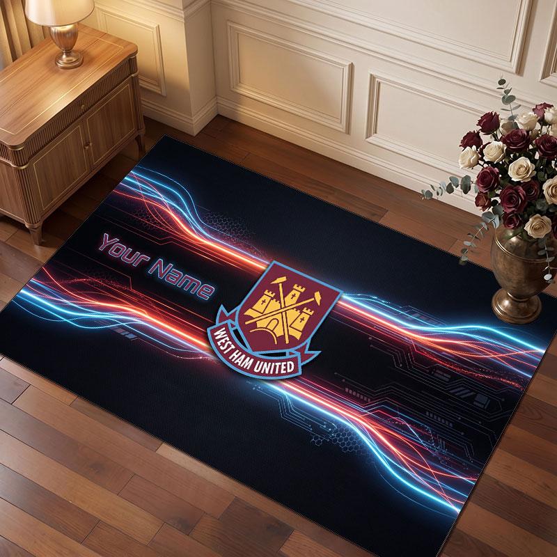 West Ham United Football Custom Crystal Velvet Rug, Personalized Name Text Print, Football Logo Soft Non‑Slip Floor Mat Home Decor Gift