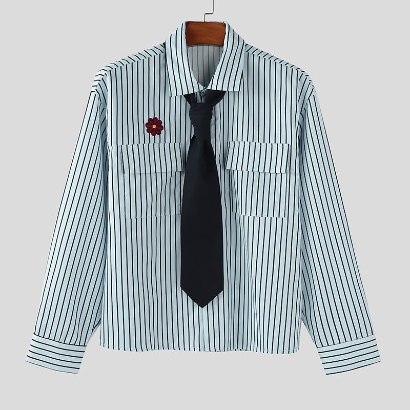INCERUN Oversized College Style Men Turn-down Collar Tie Long Sleeve Striped Casual Shirts