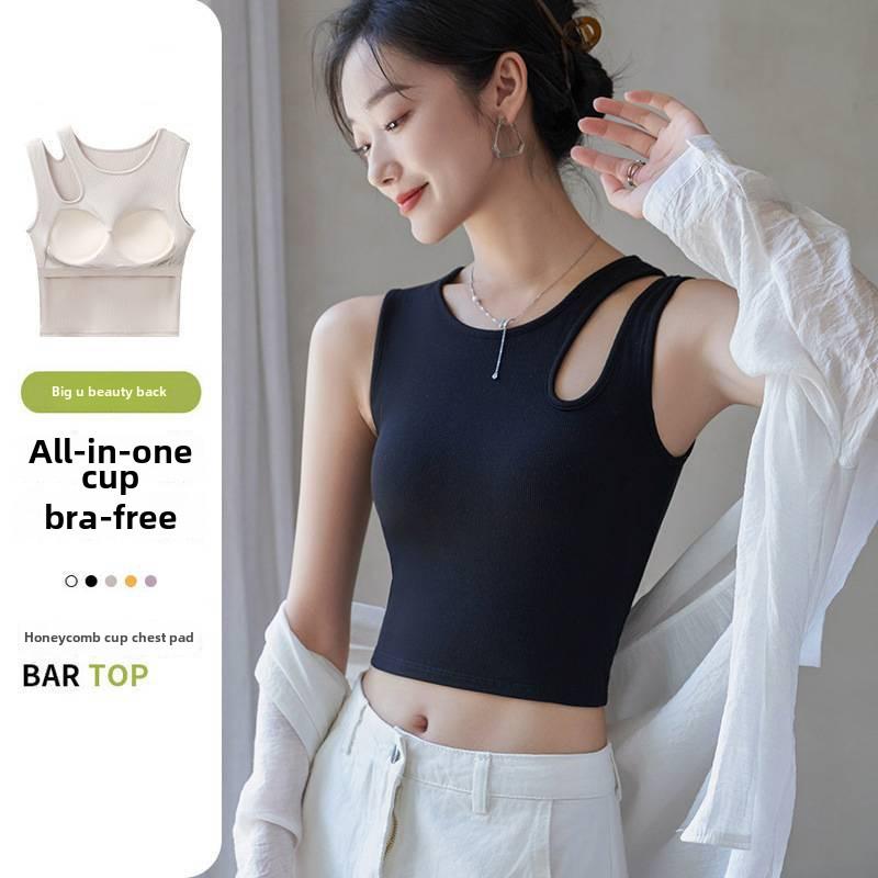 

Women s Black Camisole Vest with Chest Pads - Summer Short Chic Bra Top Large