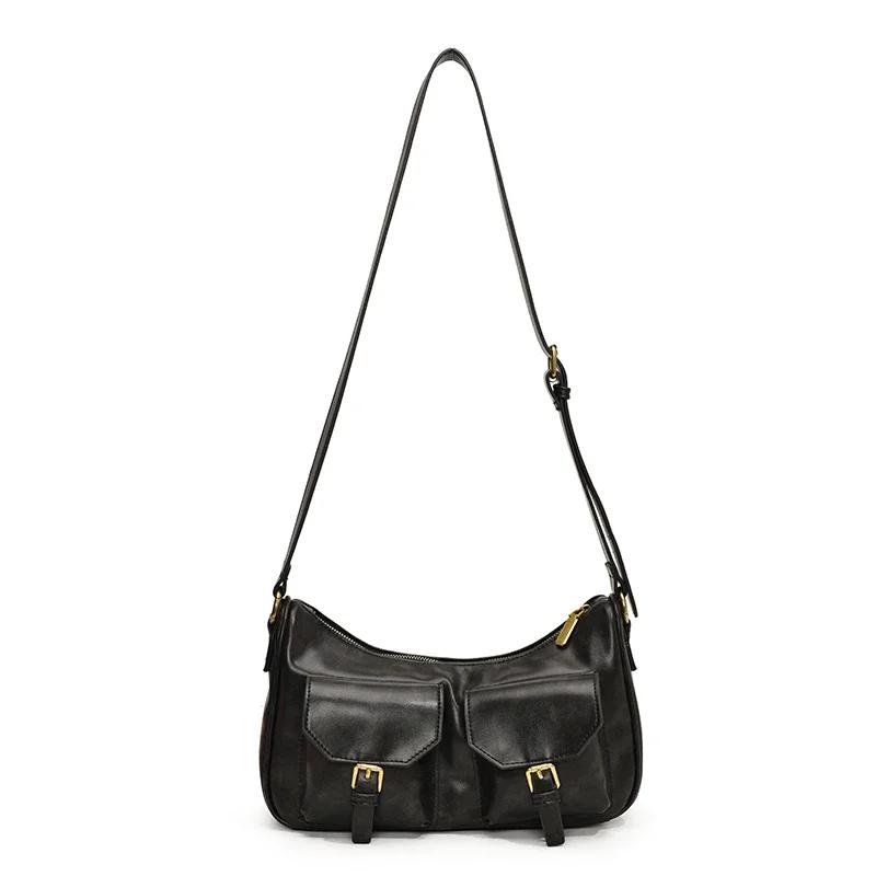 Retro style women's crossbody bag with zipper  monochromatic PU  large capacity  casual shoulder bags  stitching line