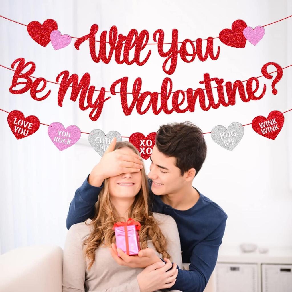Will You Be My Valentine Banner Valentine Glitter Heart Garland Happy Valentine’s Day Party Decoration Glitter Red and Pink Be My Valentine