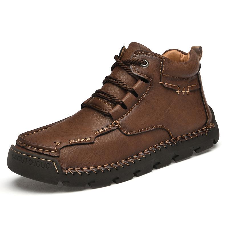 Martin Boots Men's Hand-stitched High-top Leather Shoes Men's Velvet Warm Cotton Shoes Large Size Retro Leather Boots