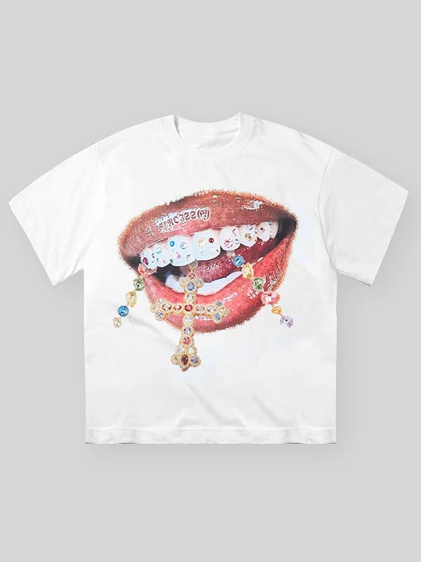 Summer Finger Graffiti Diamond Ring Printed T-Shirt Hip Hop Fashion Personality Tees Casual  Streetwear Round Neck Top Unisex