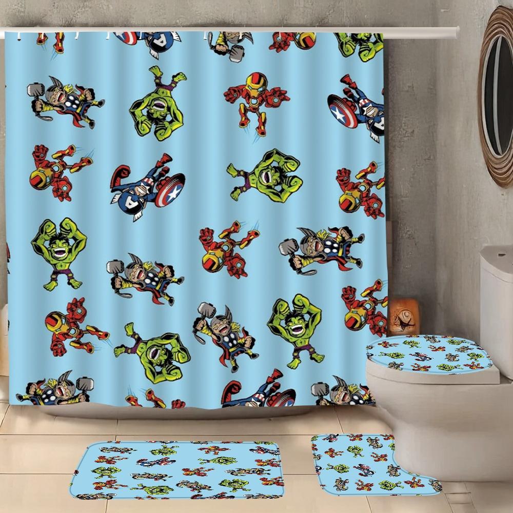 Hulk Power Bathroom Set 4PCS! Angry Green Face Full Print Waterproof Shower Curtain with Mat, Marvel Avengers Decor Gifts