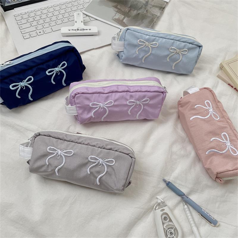 Cute Simple Bowknot Hand-Held Pencil Case Girly Pencil Bags Large Capacity Portable Student Stationery Storage Bag School Supply