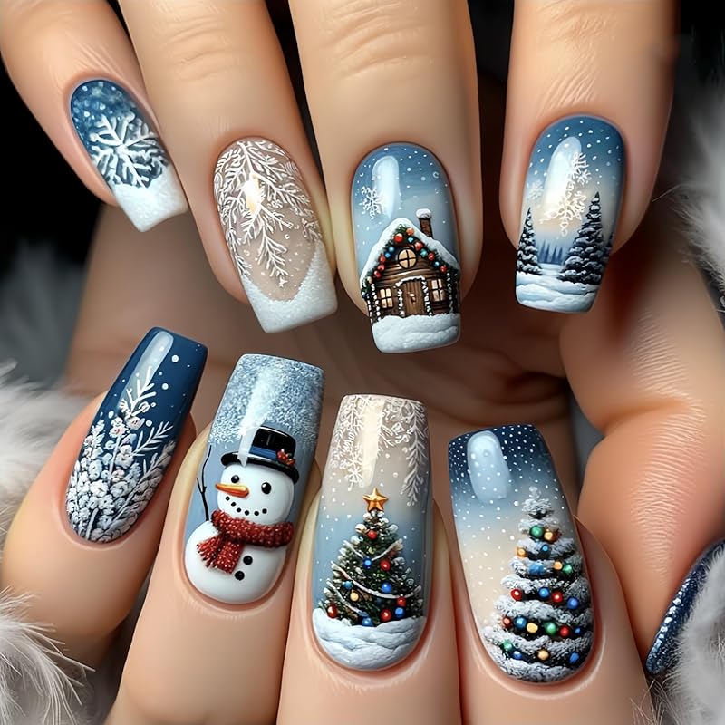24Pcs Christmas Snowflake Press on Nails Gold Glitter Short Square Fake Nails Winter Xmas White Snowflake Full Cover Stick on Nails Gold Glitter