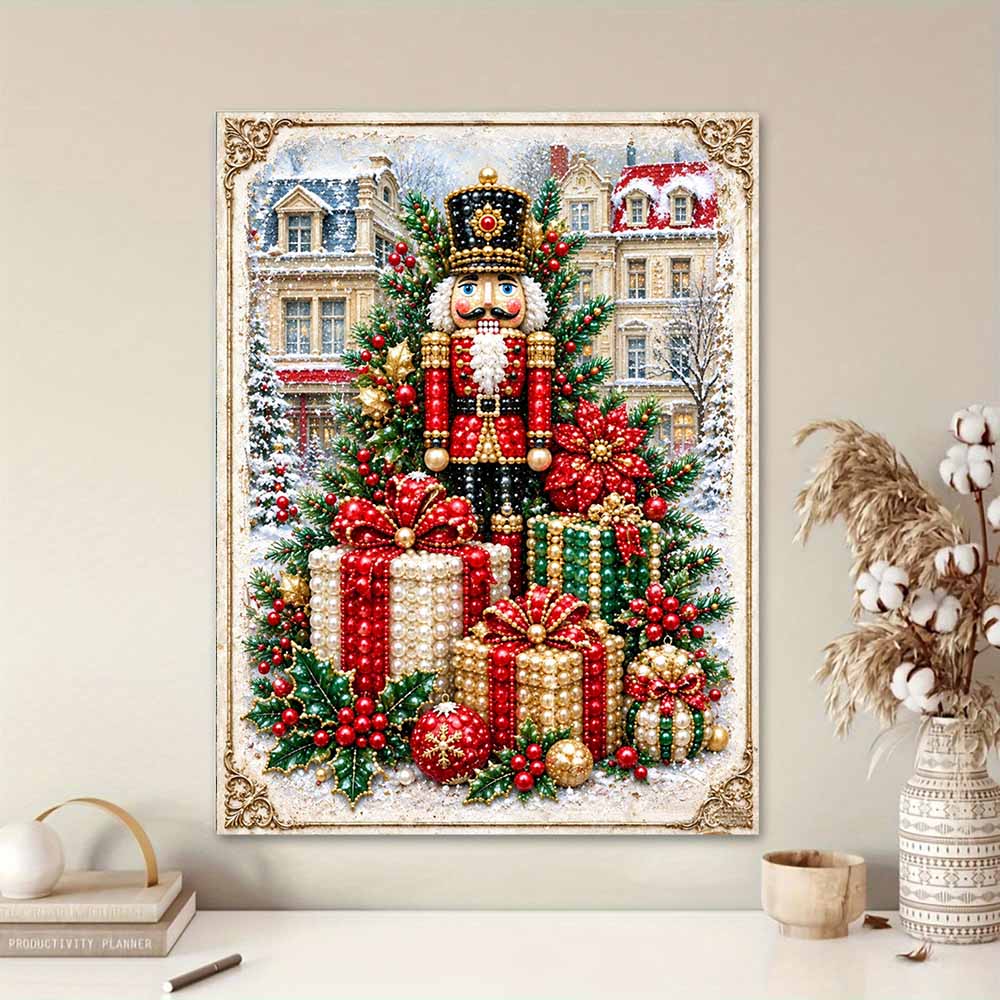 Nutcracker Christmas Tree Pearl Painting with Frame 3D Sparkling Canvas Art Relaxing Craft for Bedroom Wall Decor Gift Decorations