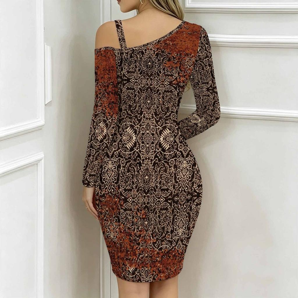Women Plus Size Asymmetric Cold Shoulder Long Sleeve Brown Gold Vintage Damask Print Irregular Wrap Bodycon Midi Dress