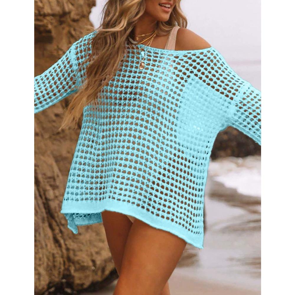 

Сексуальный вязаный свитер, женская блузка с вырезами, пляжное бикини для отпуска в сочетании со свободной пляжной рубашкой для защиты от солнца XL морской синий