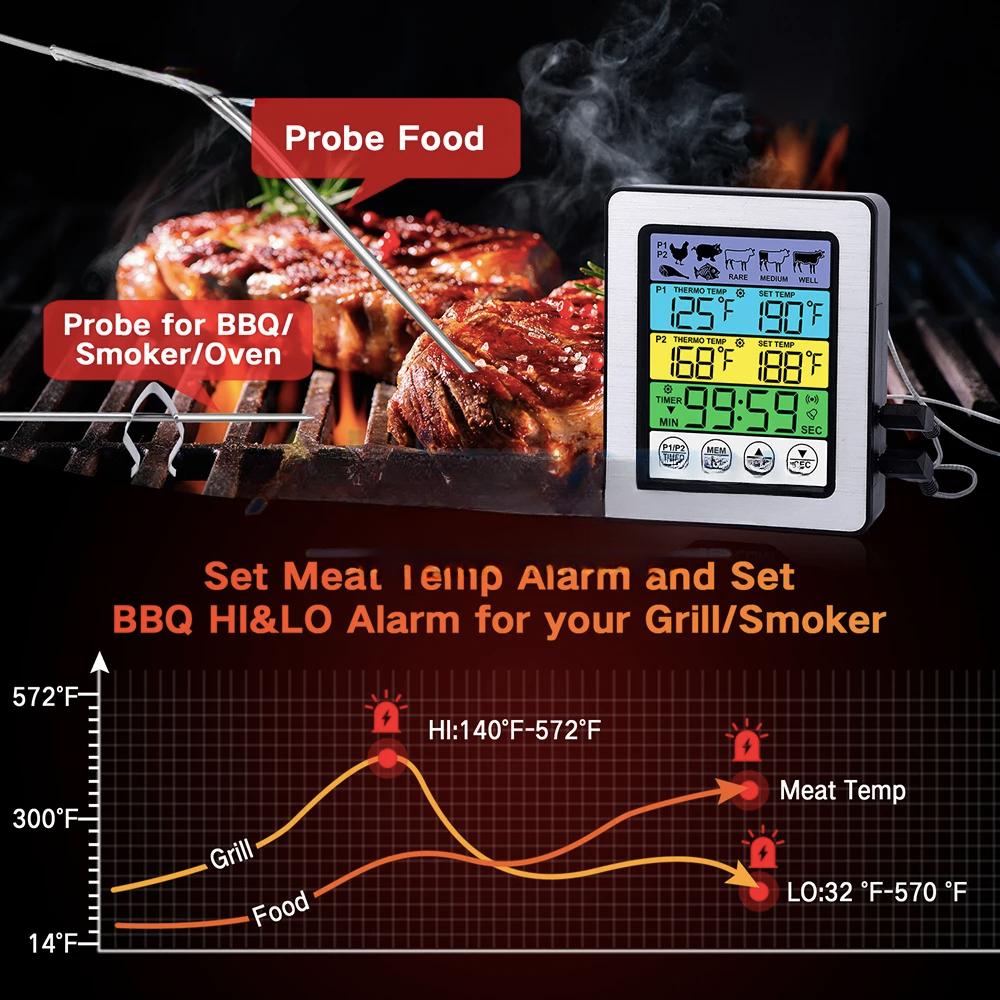 LCD Touchscreen Hintergrundbeleuchtung Duale Sonden Digitales Küchen-Koch-Lebensmittel-BBQ-Fleischthermometer für Küchenofen mit Alarmfunktion