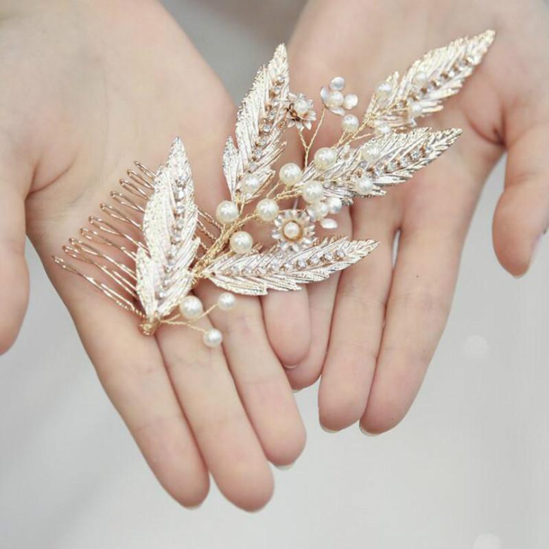 Pearl Leaf Elegant Fashion Bridal Hair Comb Wedding Party Golden Accessories Headdress Handmade Hair Comb
