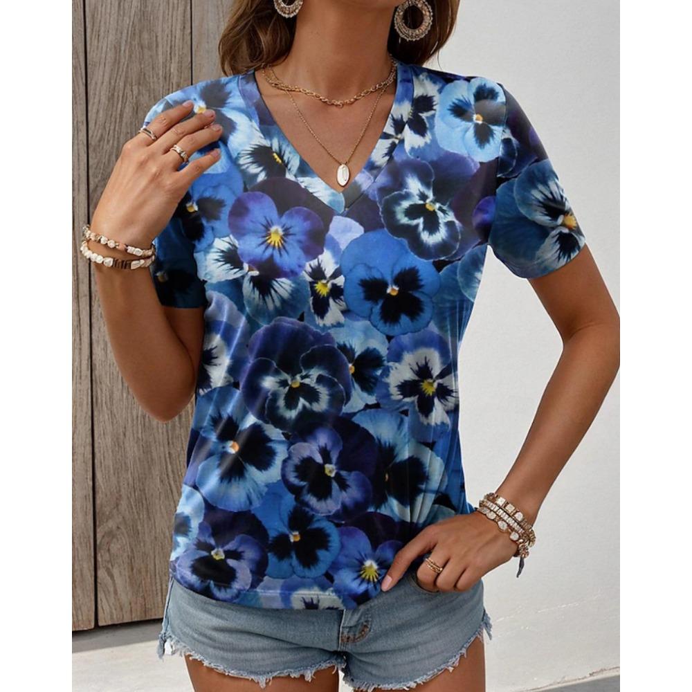 Floral V-neck women's T-shirt summer outdoor casual short-sleeved top