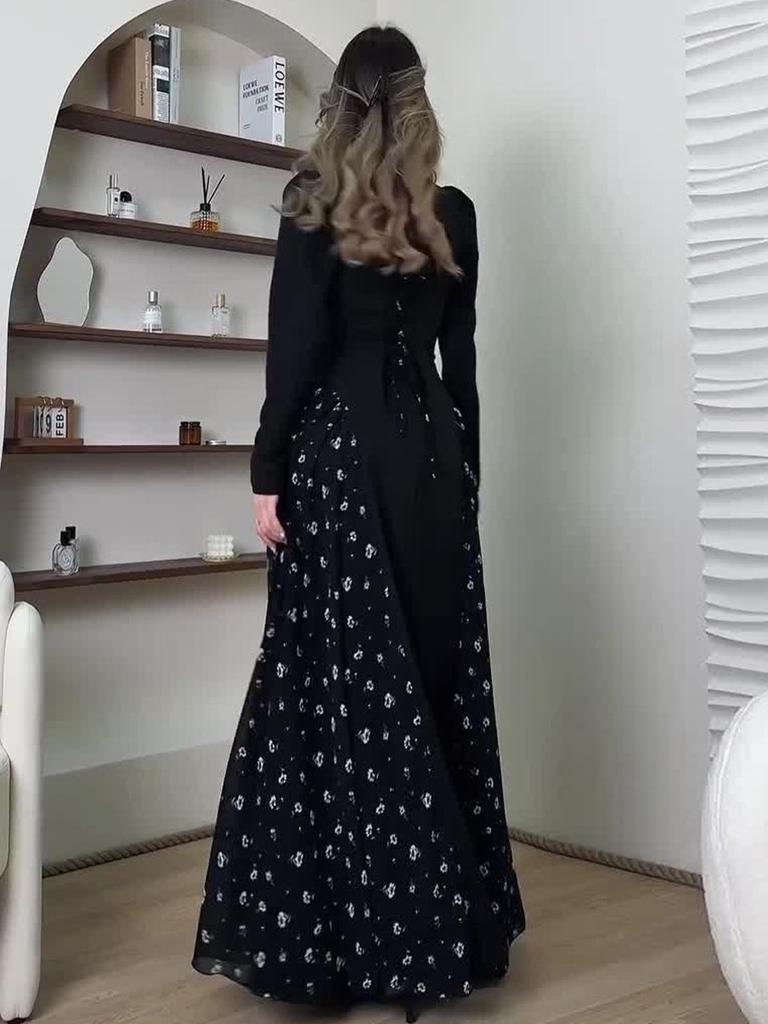 2025 Spring Long-Sleeved Floral Print Dress - European and American Style, Round Neck, Long Skirt